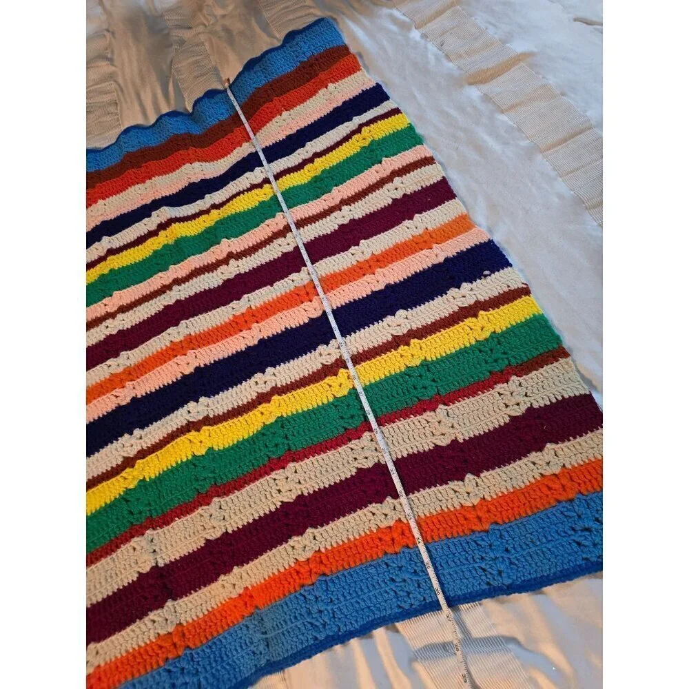 Vintage Handmade Colorful Stripes Knit Crochet Throw Blanket